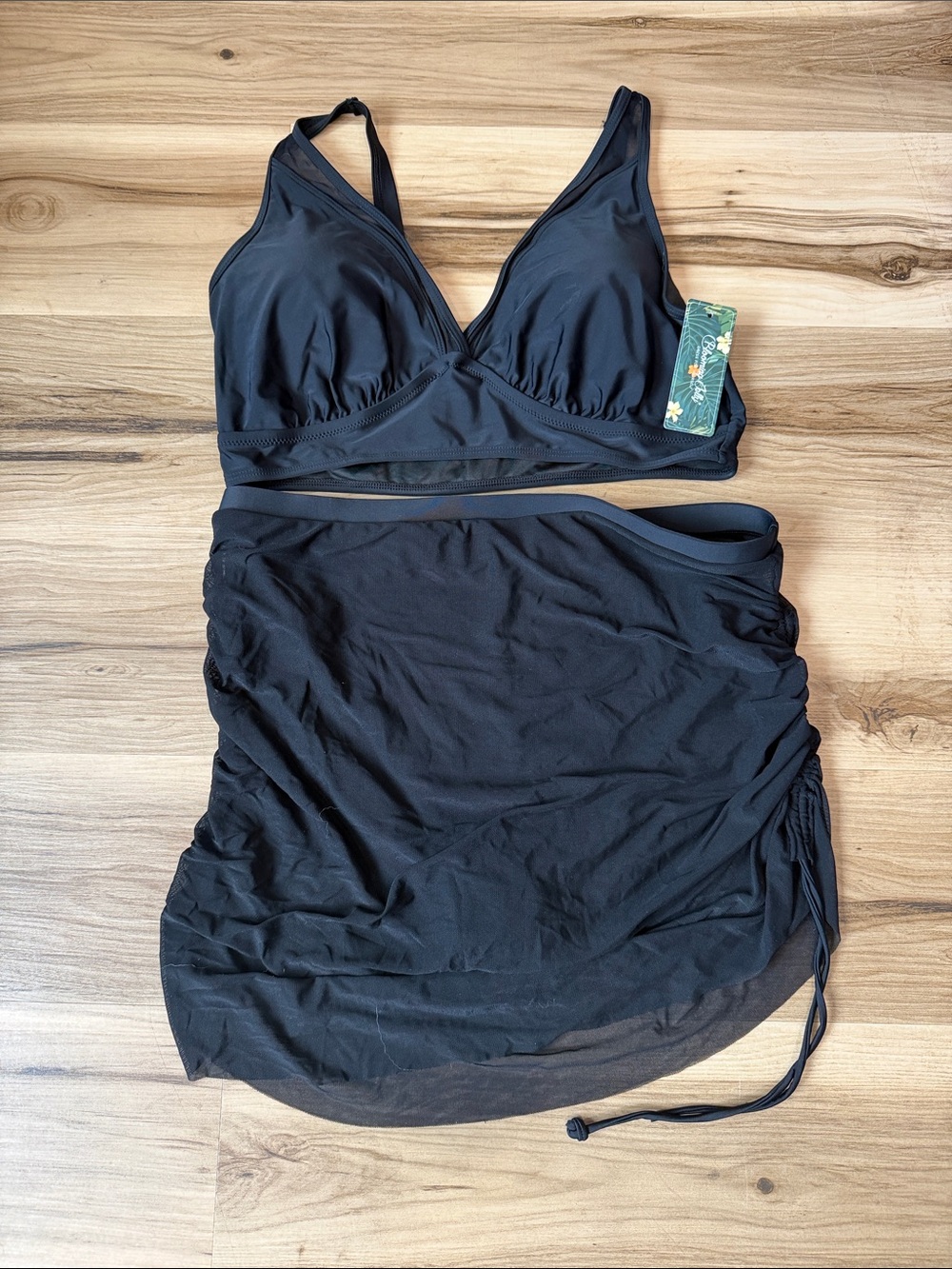 Black Two-Piece Swim Set - Bralette Top & Ruched Skirt